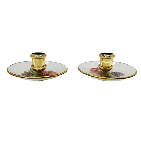 Vintage Chance Glass Candlestick Holder Set with Poppy Flowers and Gold Rim 5" d - Picture 5 of 8
